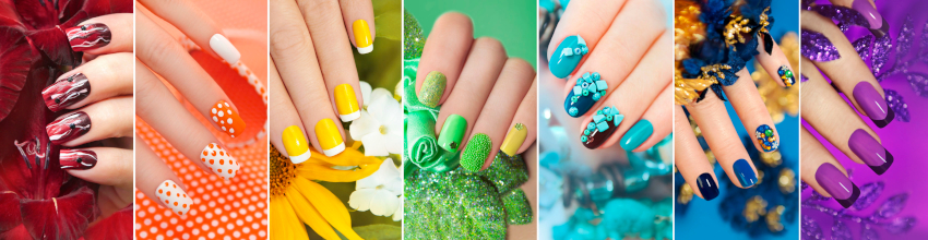 Verschillende voorbeelden van nail art volgens de kleuren van de regenboog